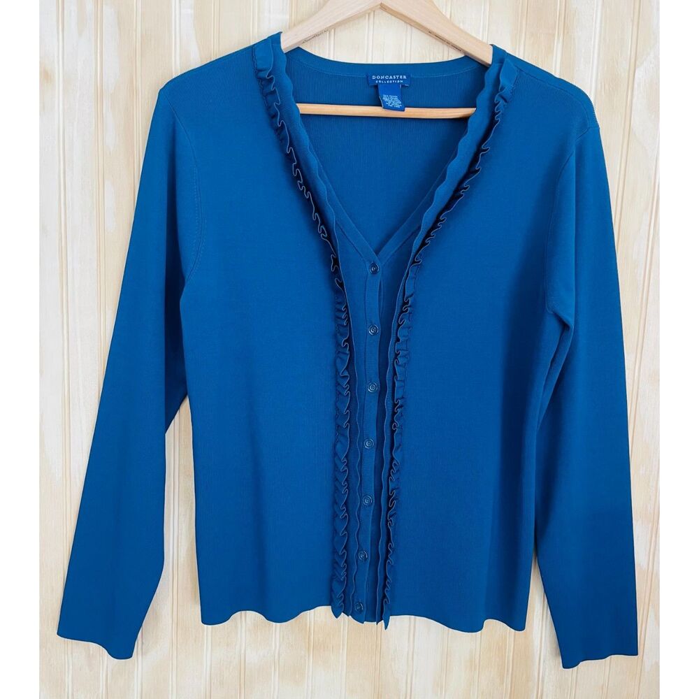 Doncaster Collection sweater cardigan scallop ruffle Teal blue classic women L